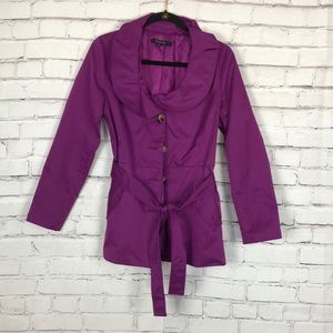 Sandro Studio women’s purple short trench coat with ruffled collar with belt M